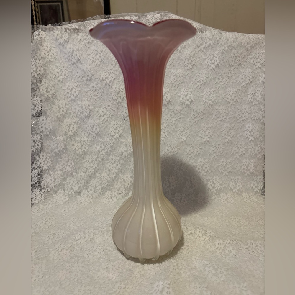 Long Opalescent with Red Top Interior Ribbed Vase